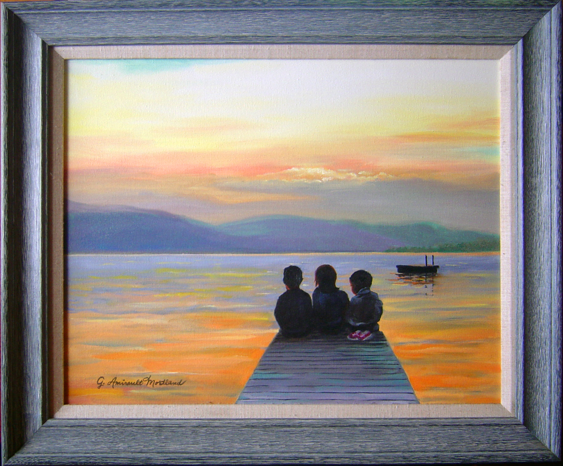 Lima kids at end of dock - Lake Wallace - Painting by G. Amirault Mortland