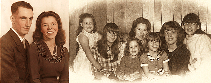 Elmont and Audrey's wedding portrait on left. Audrey Jackson and their six girls on the right